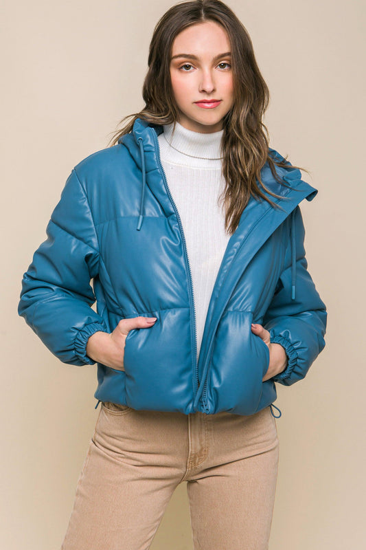 Pu Faux Leather Zipper Hooded Puffer Jacket | Mixtshop LLC