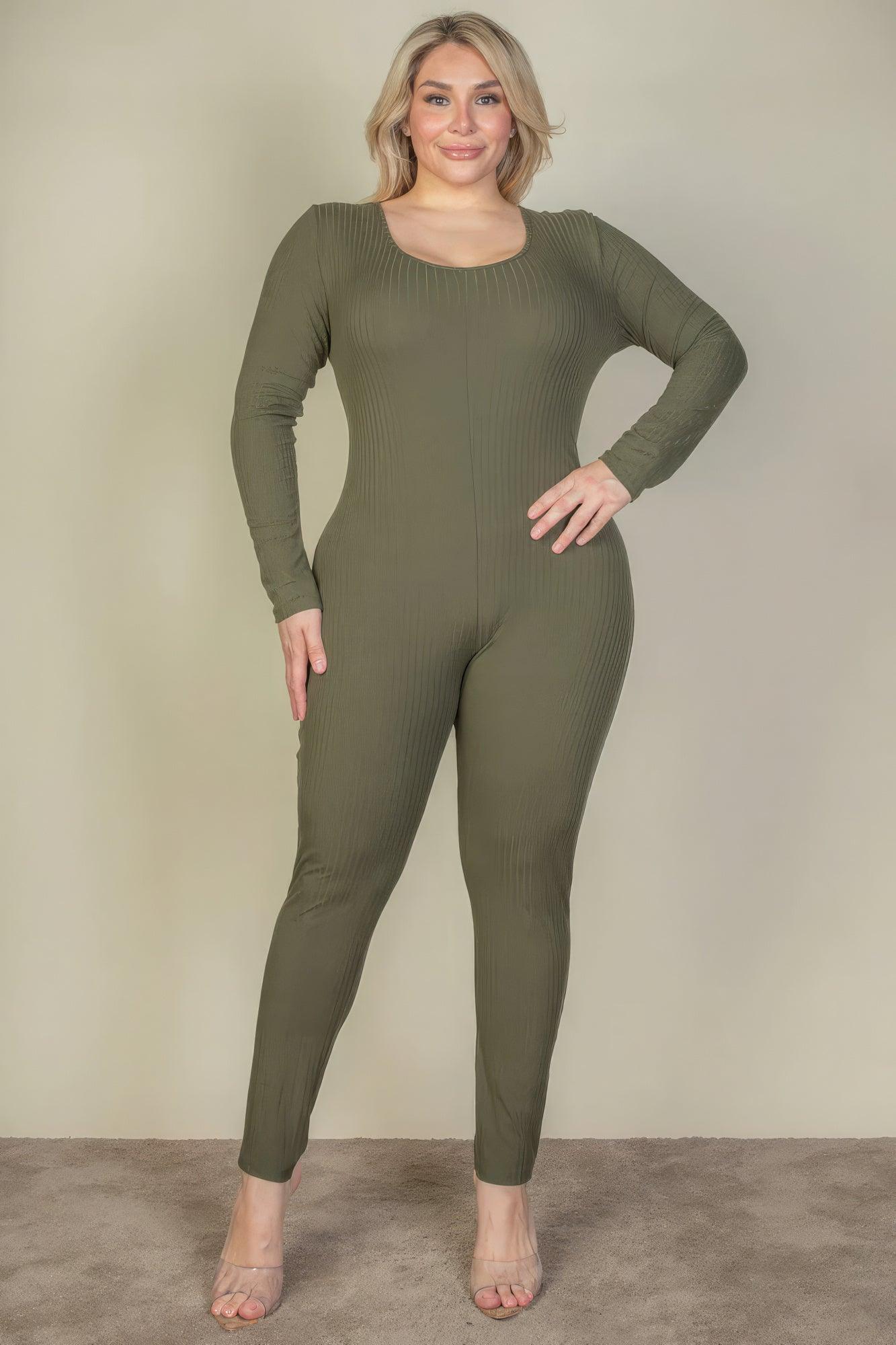 Plus Size Ribbed Scoop Neck Long Sleeve Jumpsuit | Mixtshop LLC