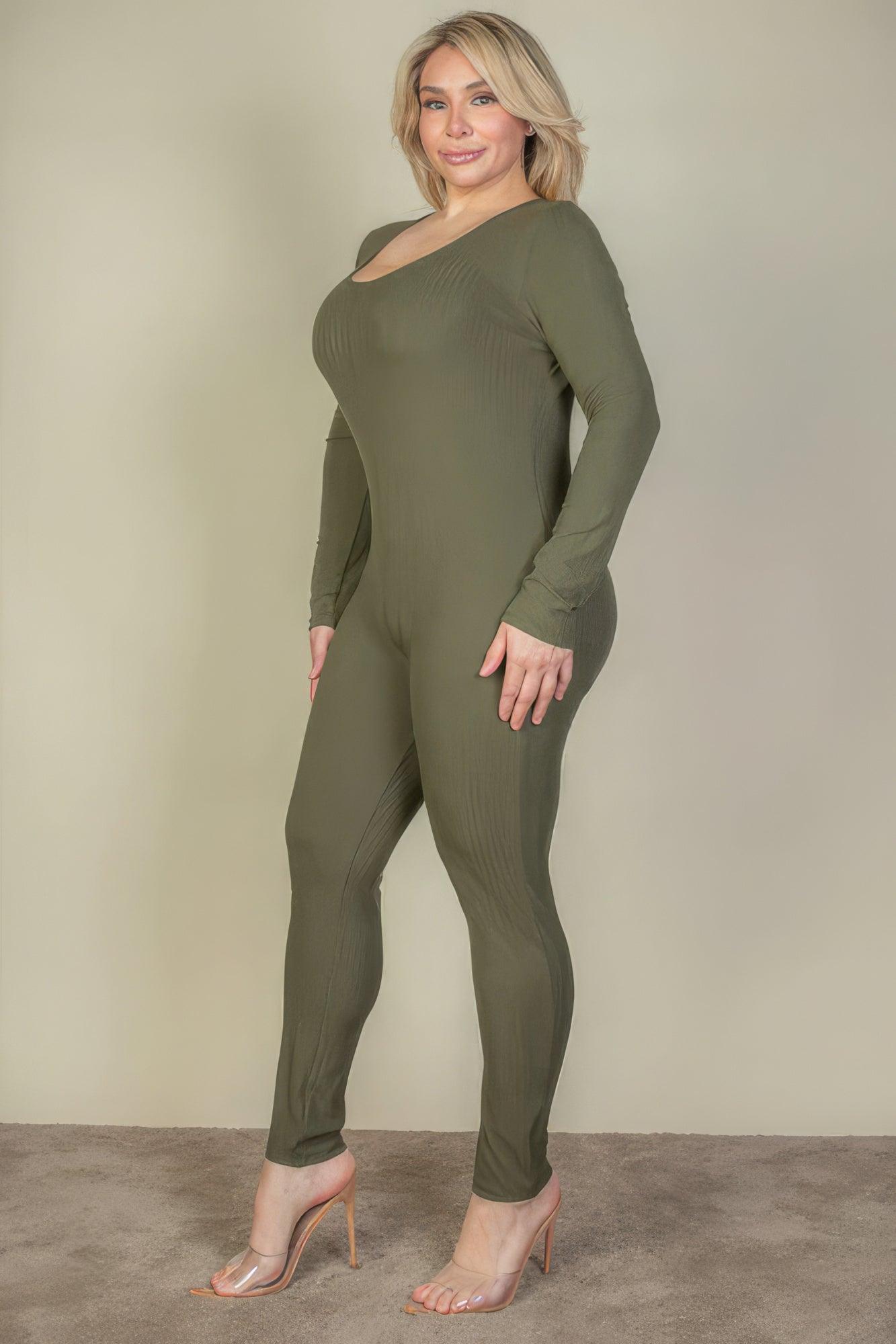 Plus Size Ribbed Scoop Neck Long Sleeve Jumpsuit | Mixtshop LLC