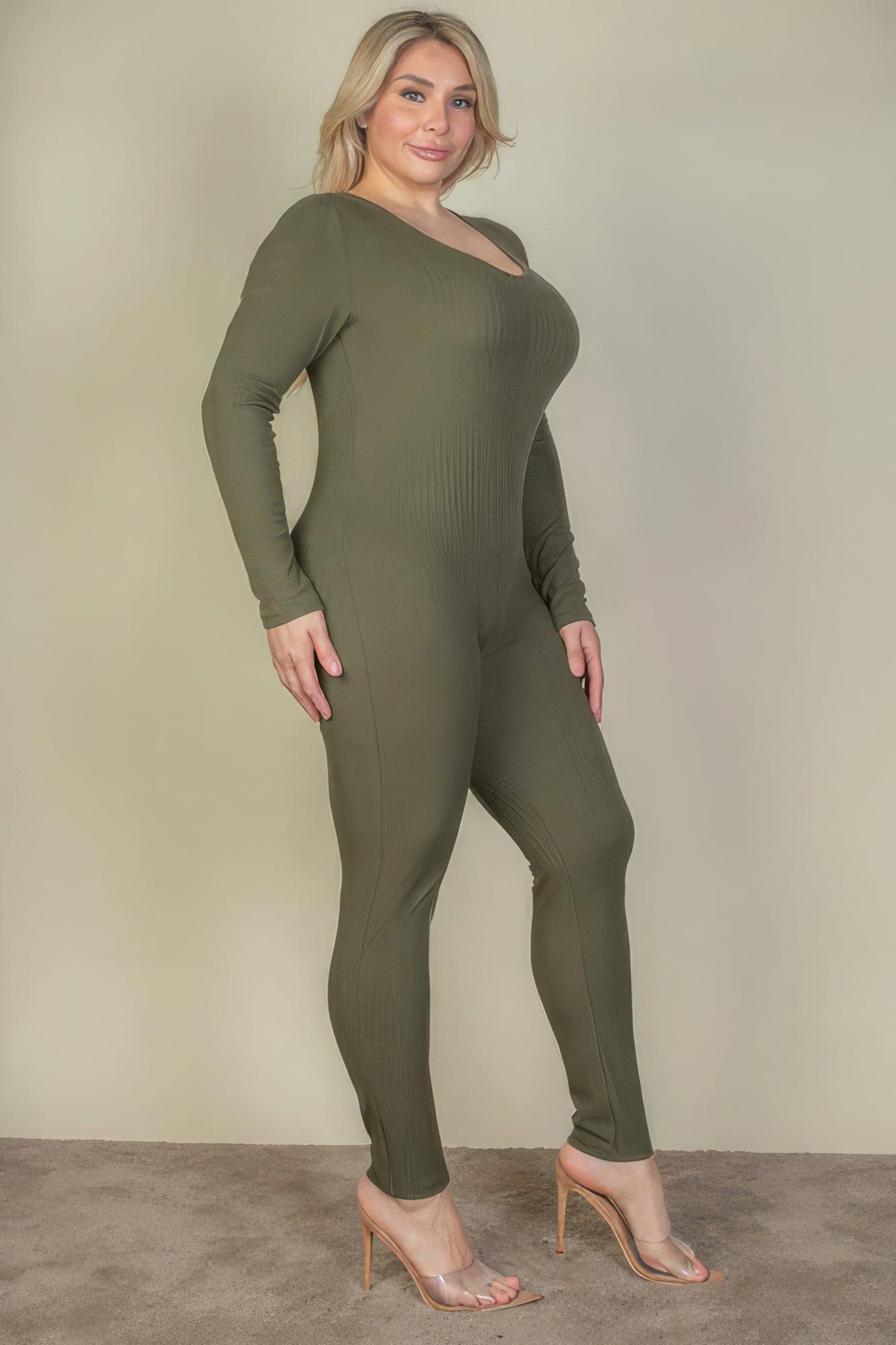 Plus Size Ribbed Scoop Neck Long Sleeve Jumpsuit | Mixtshop LLC