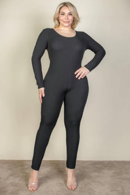 Plus Size Ribbed Scoop Neck Long Sleeve Jumpsuit | Mixtshop LLC