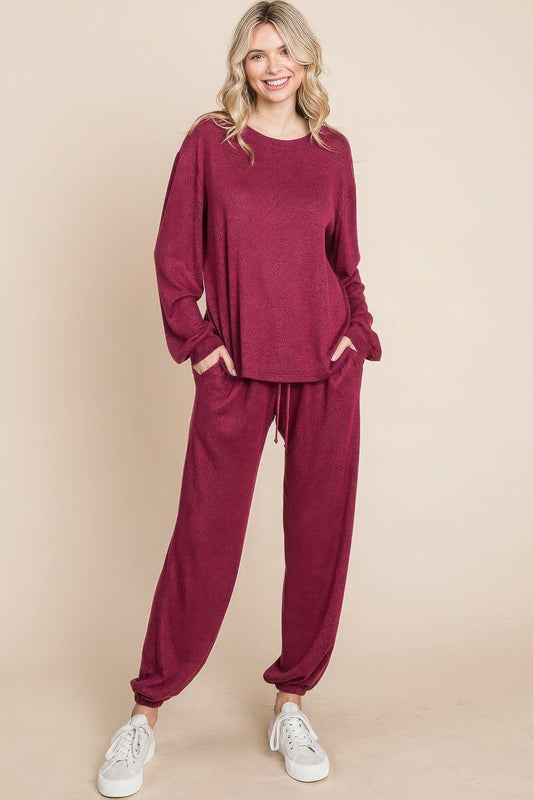 Two Tone Solid Warm And Soft Hacci Brush Loungewear Set | Mixtshop LLC
