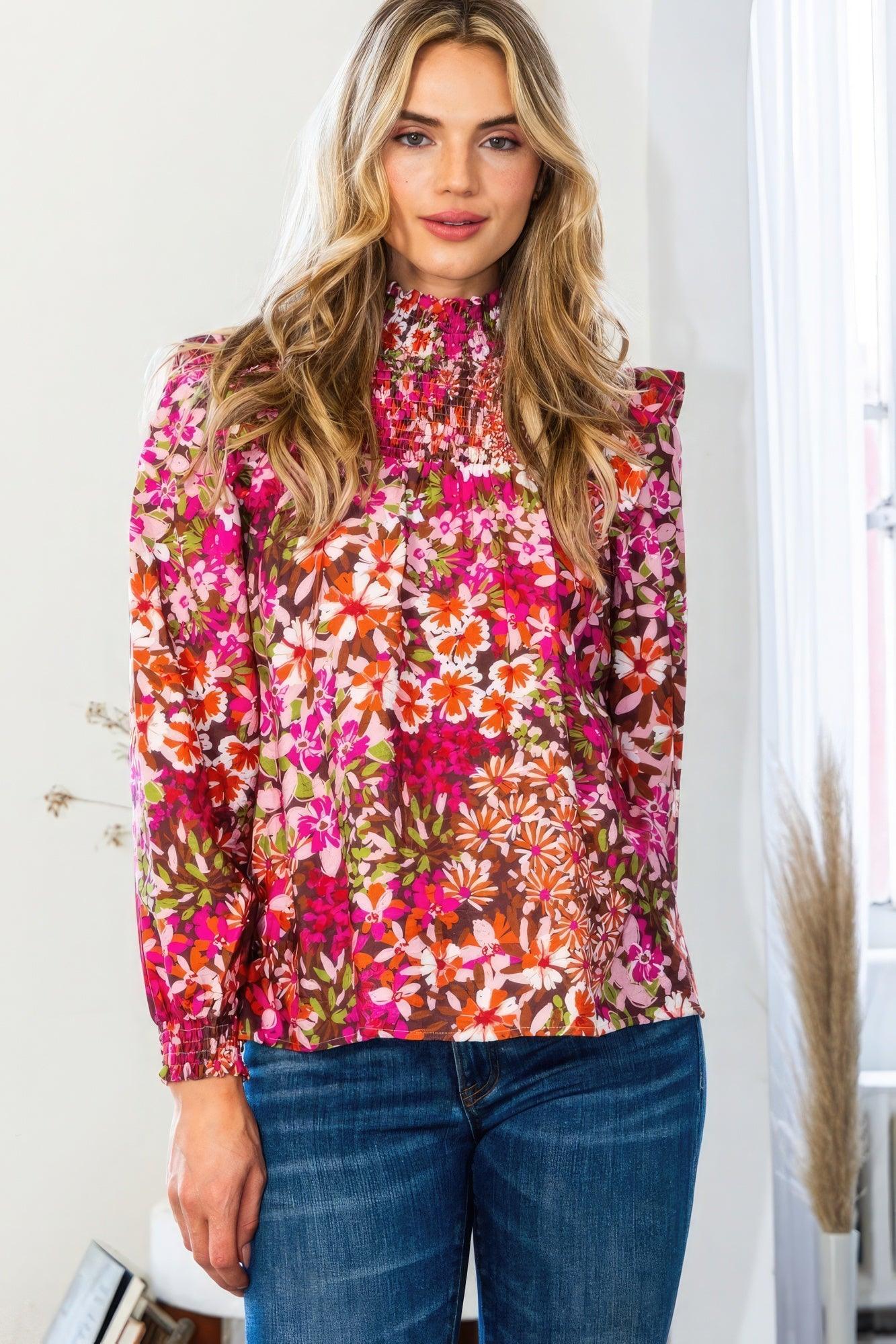 Floral Mock Neck Smocked Yoke Blouse | Mixtshop LLC