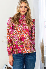 Floral Mock Neck Smocked Yoke Blouse | Mixtshop LLC