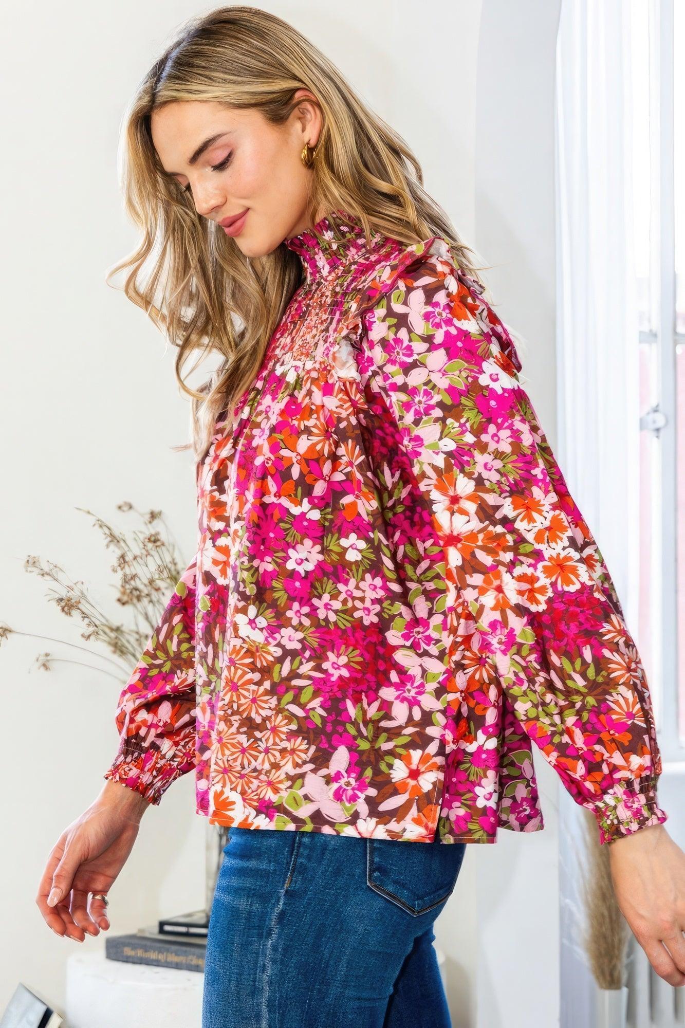 Floral Mock Neck Smocked Yoke Blouse | Mixtshop LLC
