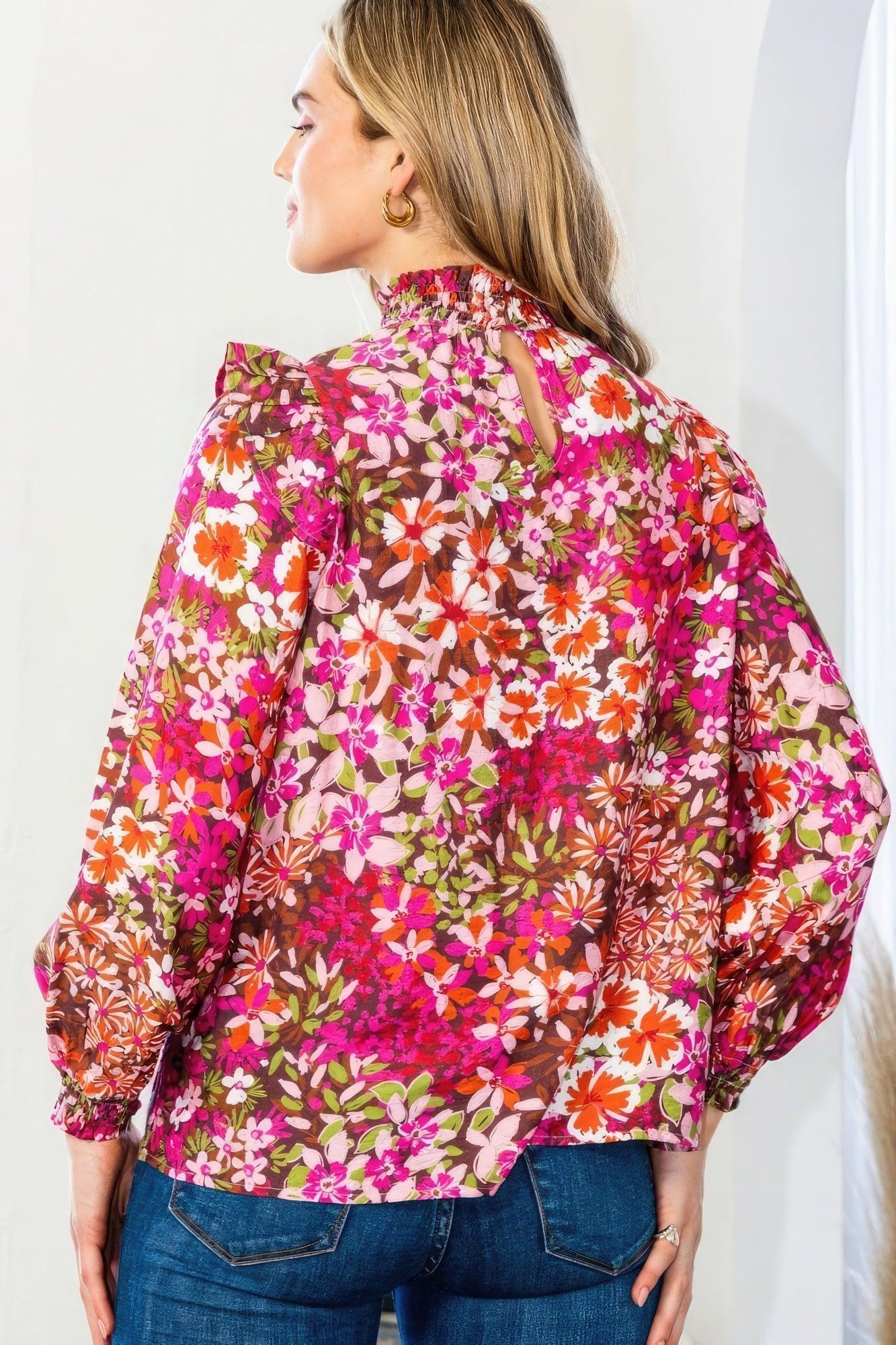 Floral Mock Neck Smocked Yoke Blouse | Mixtshop LLC