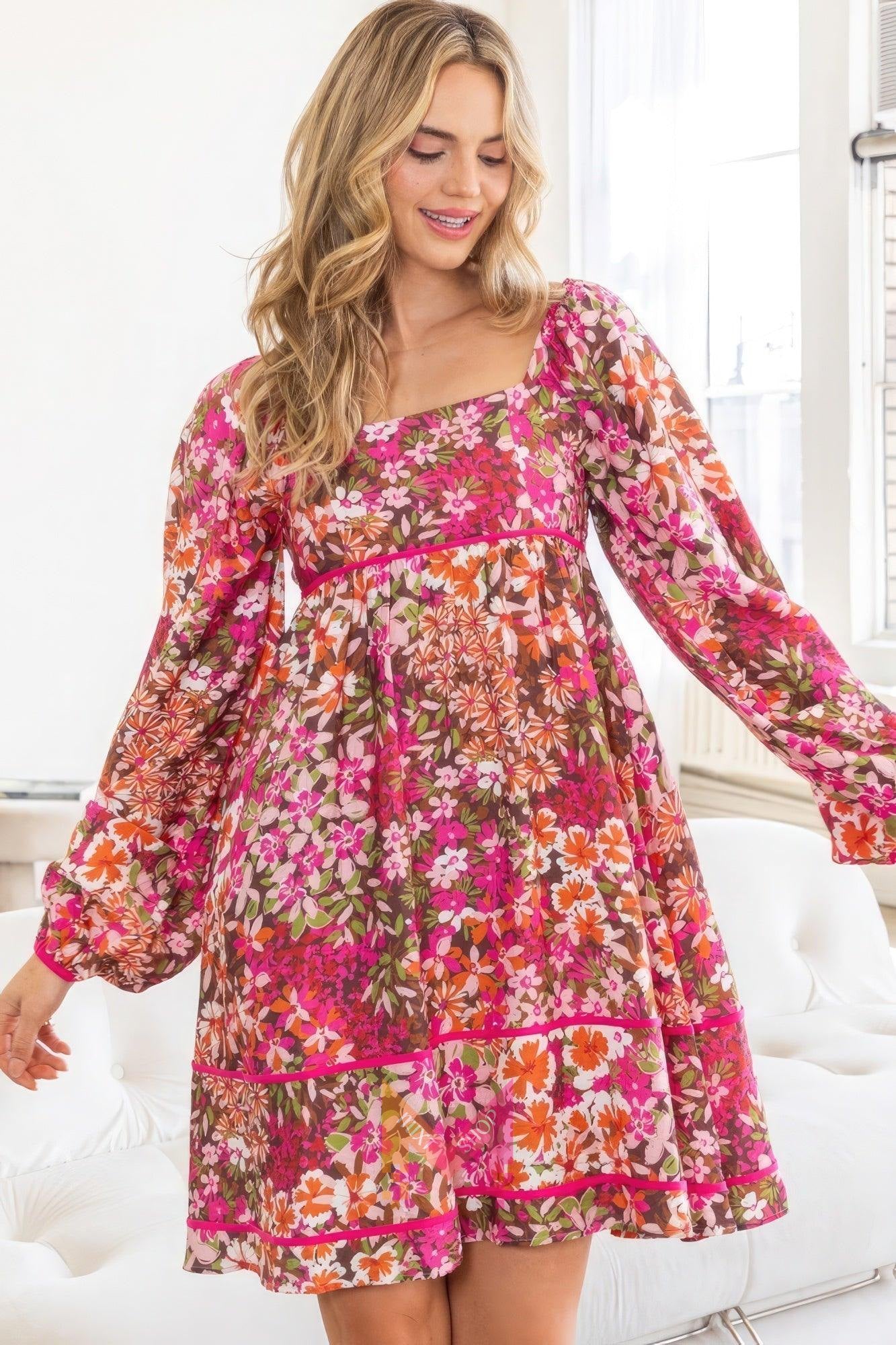 Floral Square Neckline Mini Dress | Mixtshop LLC
