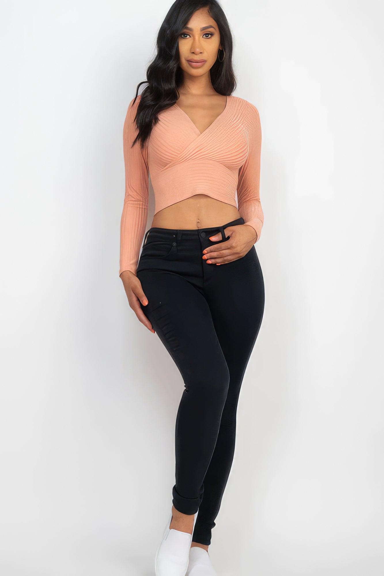 Ribbed Wrap Front Long Sleeve Top | Mixtshop LLC