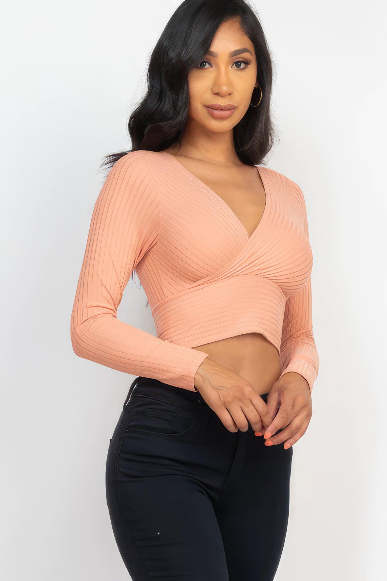 Ribbed Wrap Front Long Sleeve Top | Mixtshop LLC