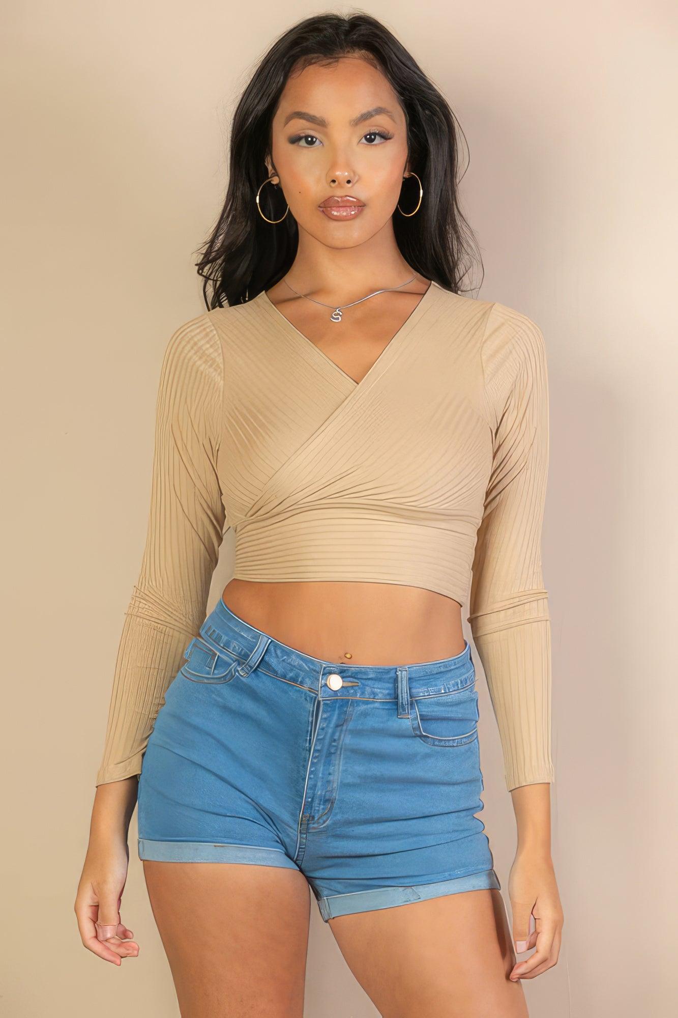 Ribbed Wrap Front Long Sleeve Top | Mixtshop LLC