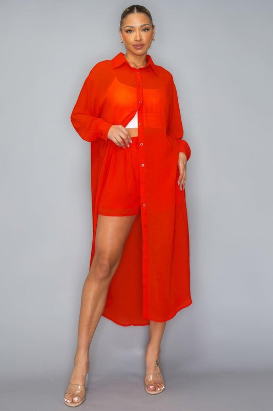 Chiffon Button Down Long Sleeve Side Slit Long Top With Short Set | Mixtshop LLC
