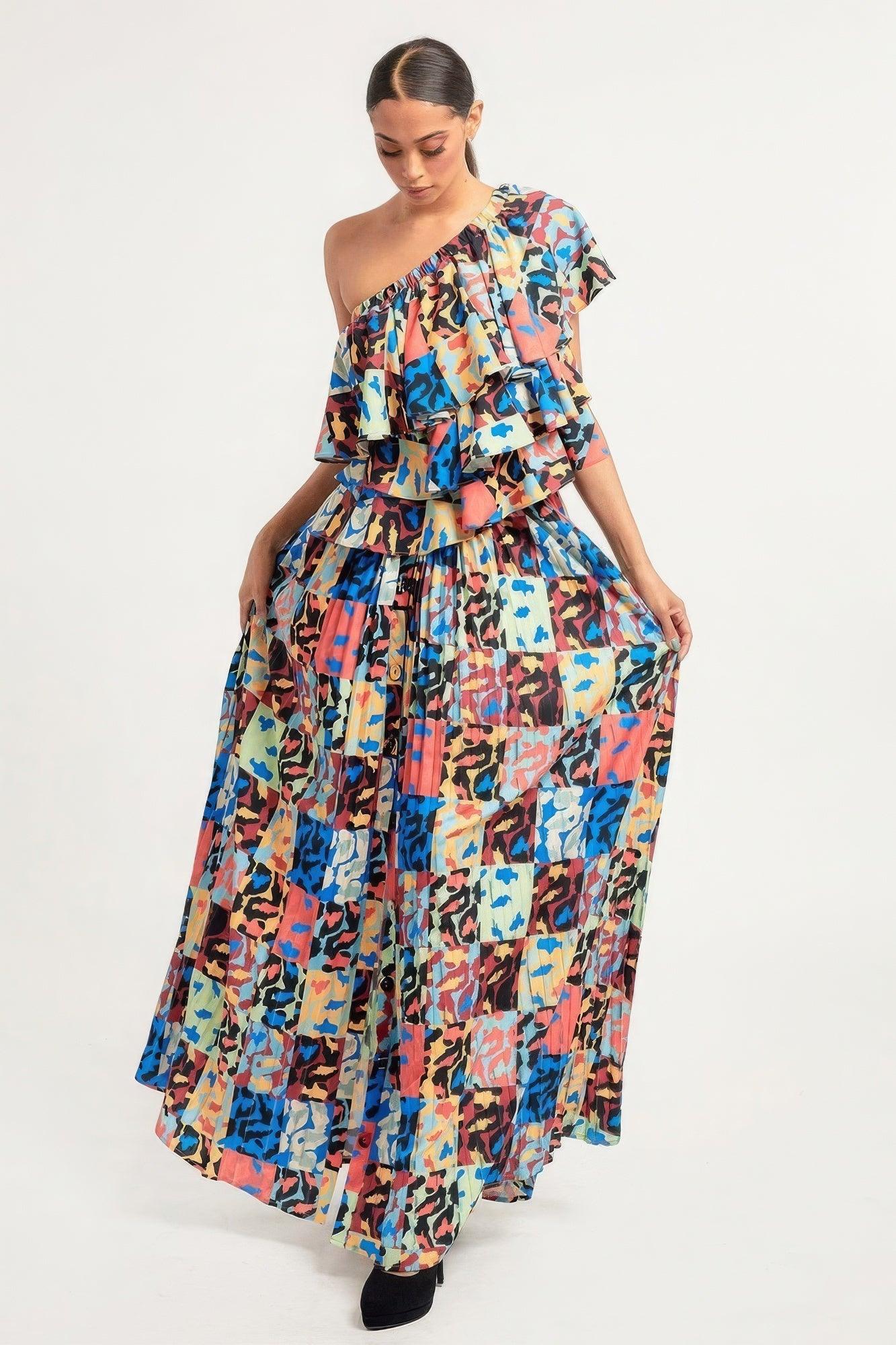 Printed Ruffle Top And Pleated Skirt Set | Mixtshop LLC
