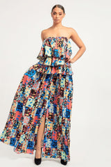 Printed Ruffle Top And Pleated Skirt Set | Mixtshop LLC