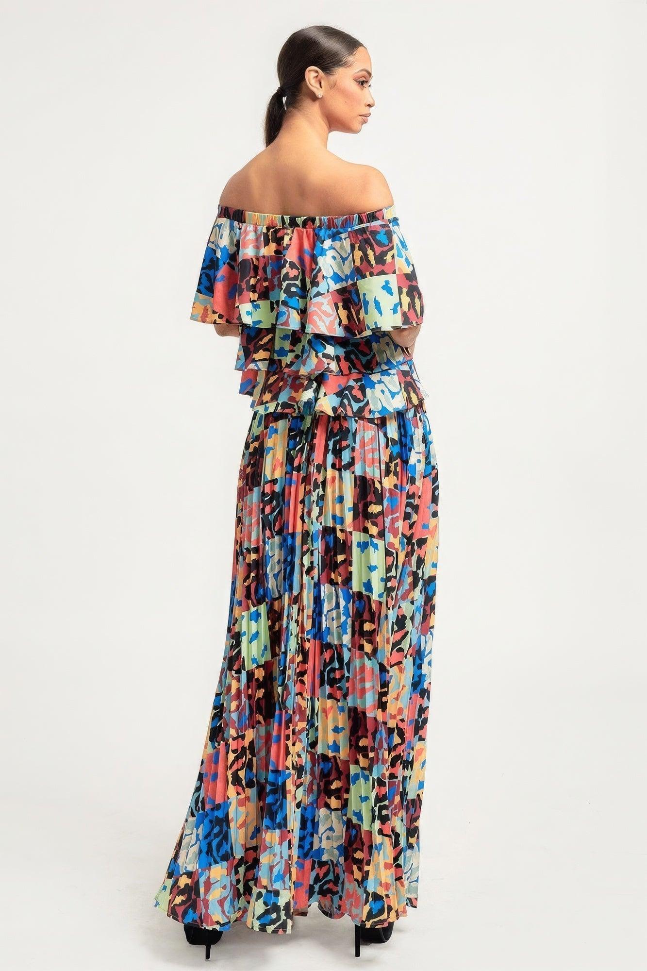 Printed Ruffle Top And Pleated Skirt Set | Mixtshop LLC