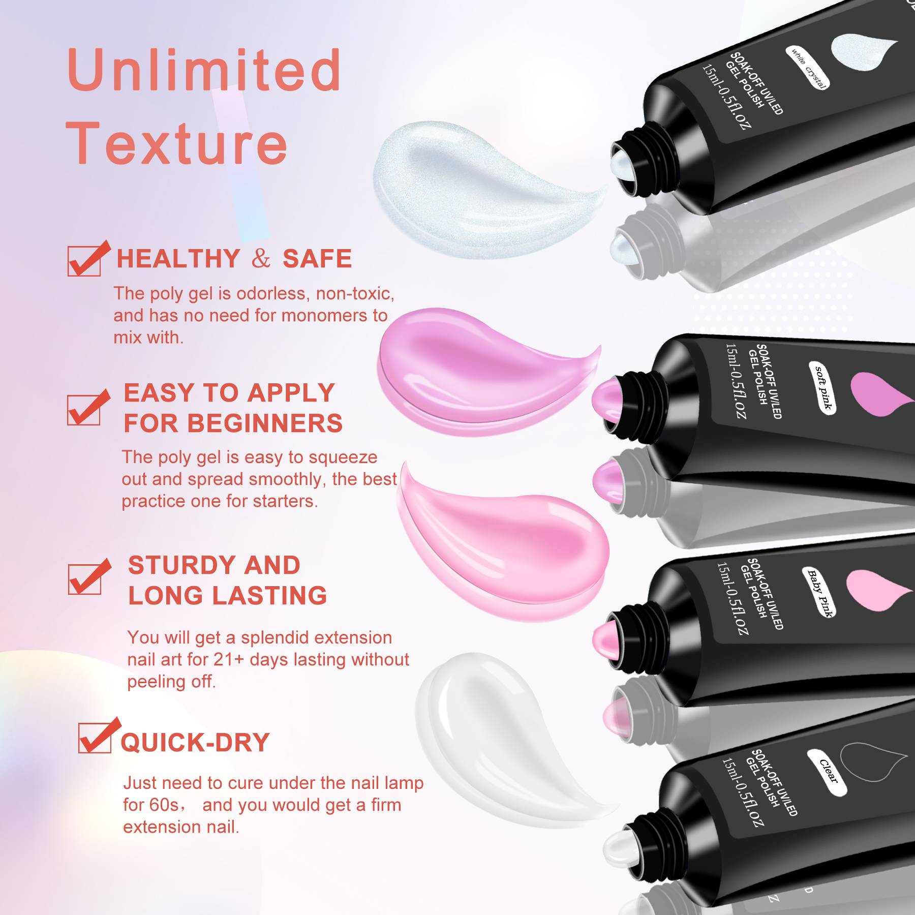 6 PCS Poly Gel Nail Kit With UV Lamp, Top Base Coat Builder Nails Art Tools