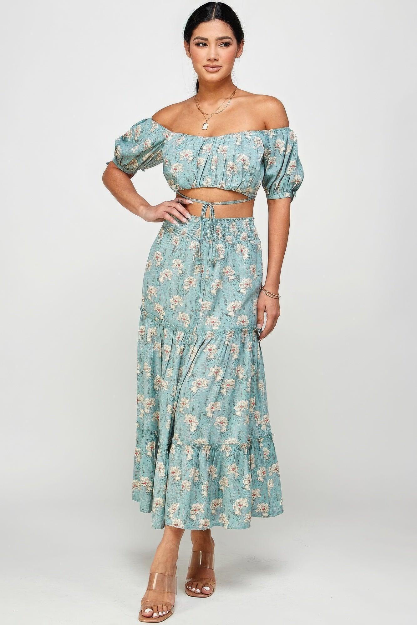 Floral Off Shoulder Sleeve Back Tie Top Skirt Set | Mixtshop LLC Main image
