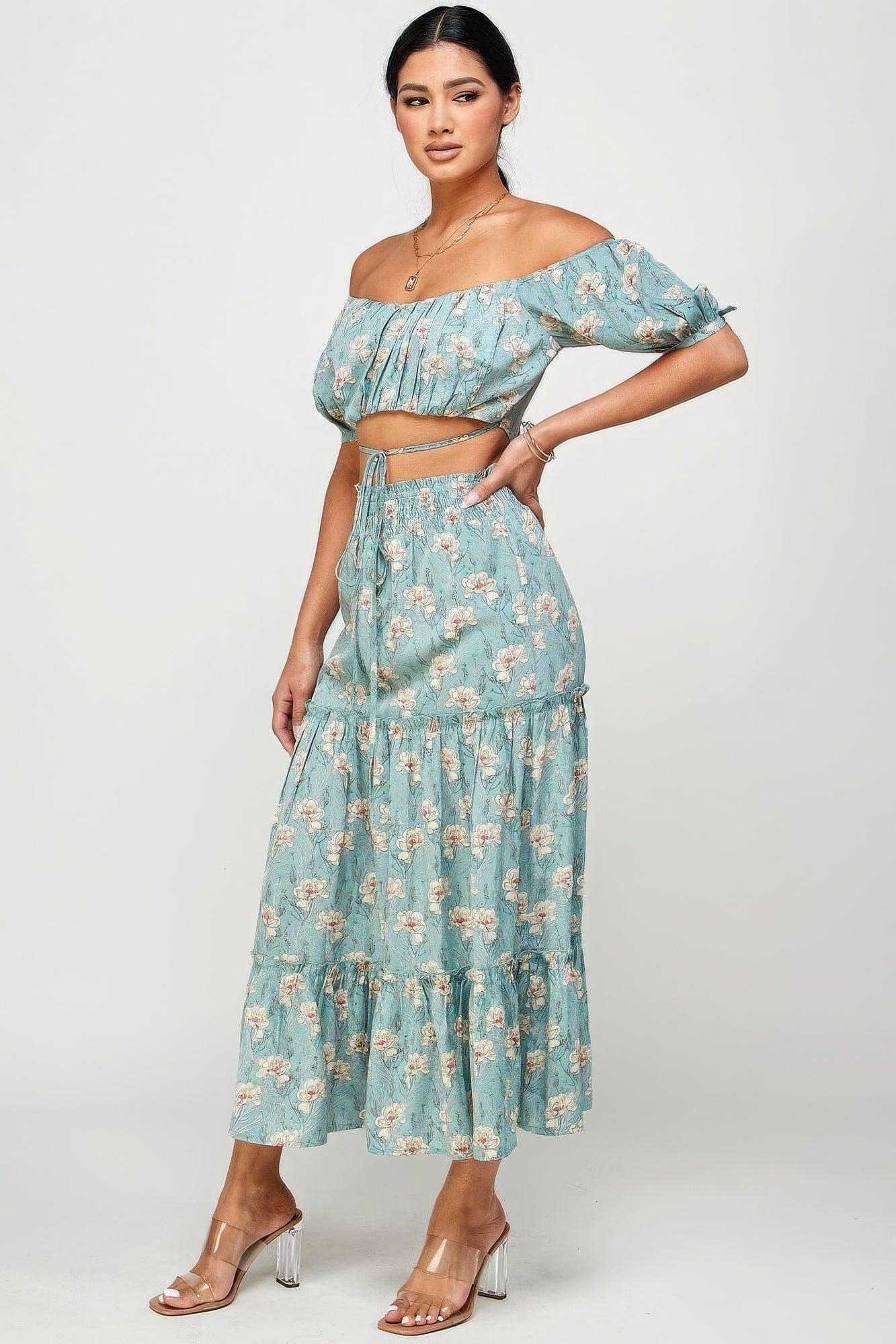 Floral Off Shoulder Sleeve Back Tie Top Skirt Set | Mixtshop LLC