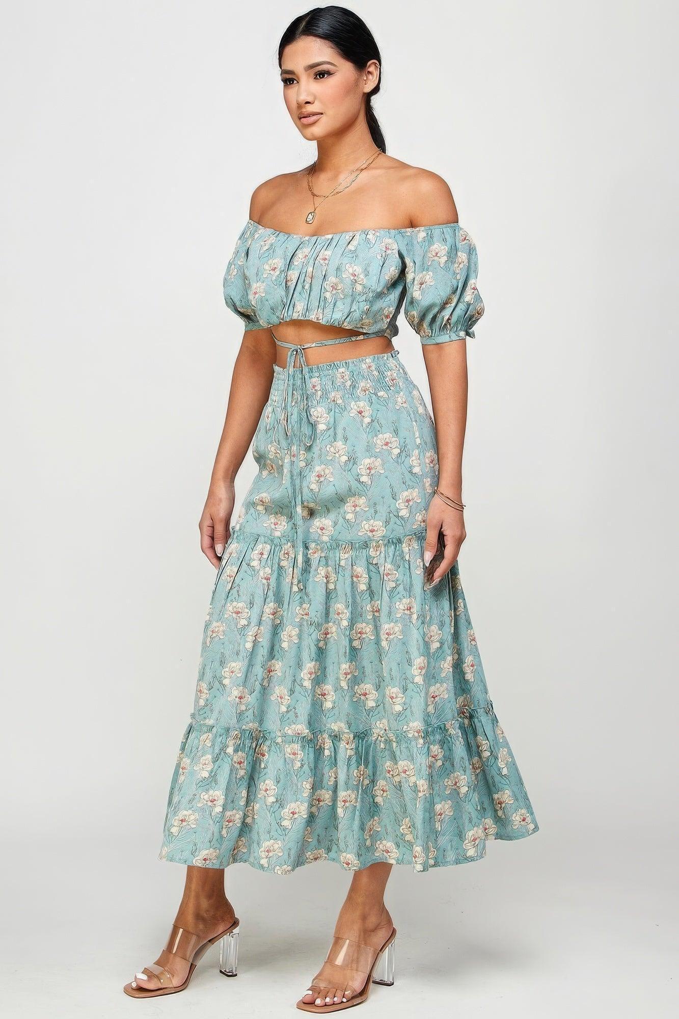 Floral Off Shoulder Sleeve Back Tie Top Skirt Set | Mixtshop LLC