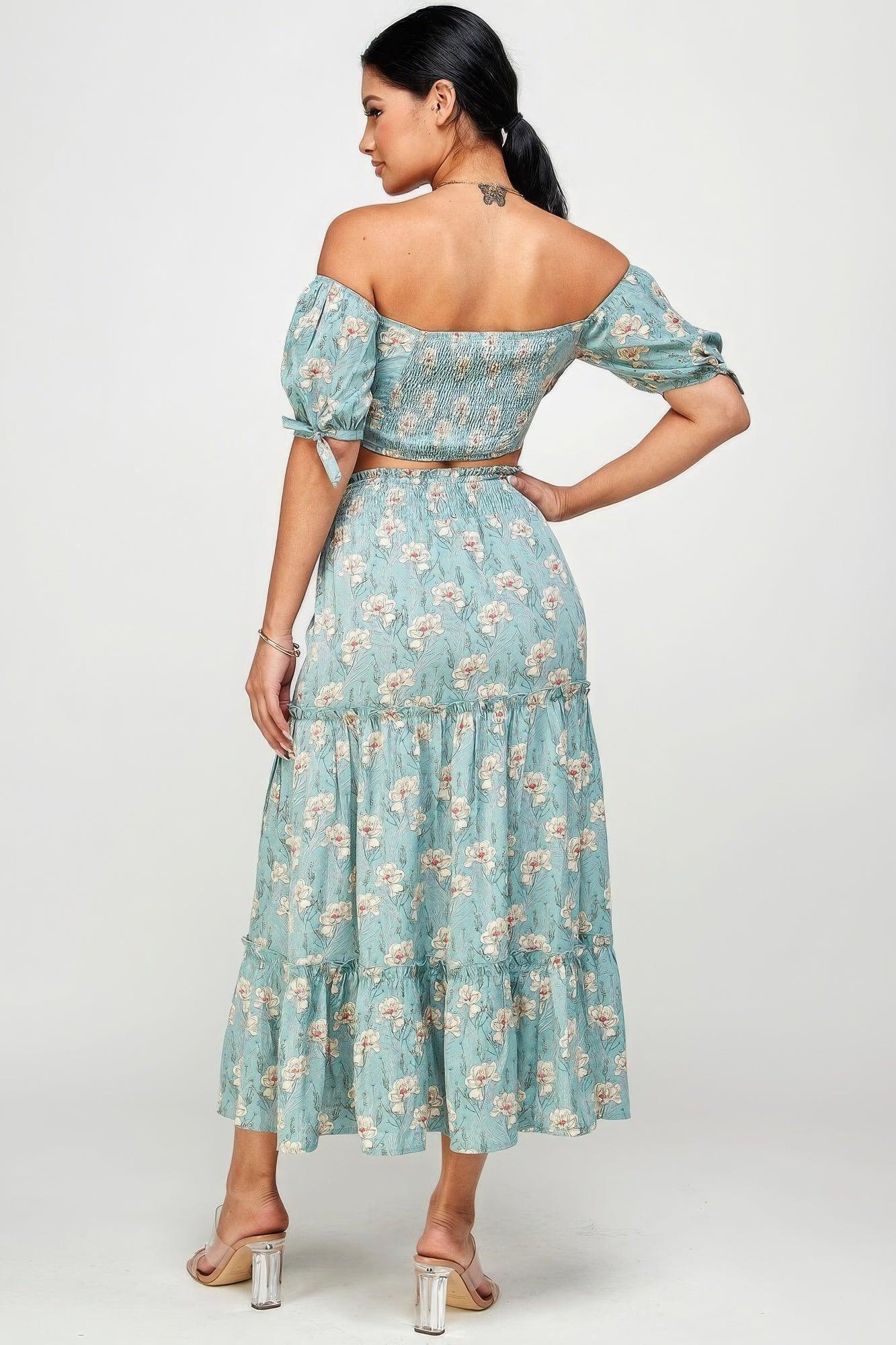 Floral Off Shoulder Sleeve Back Tie Top Skirt Set | Mixtshop LLC