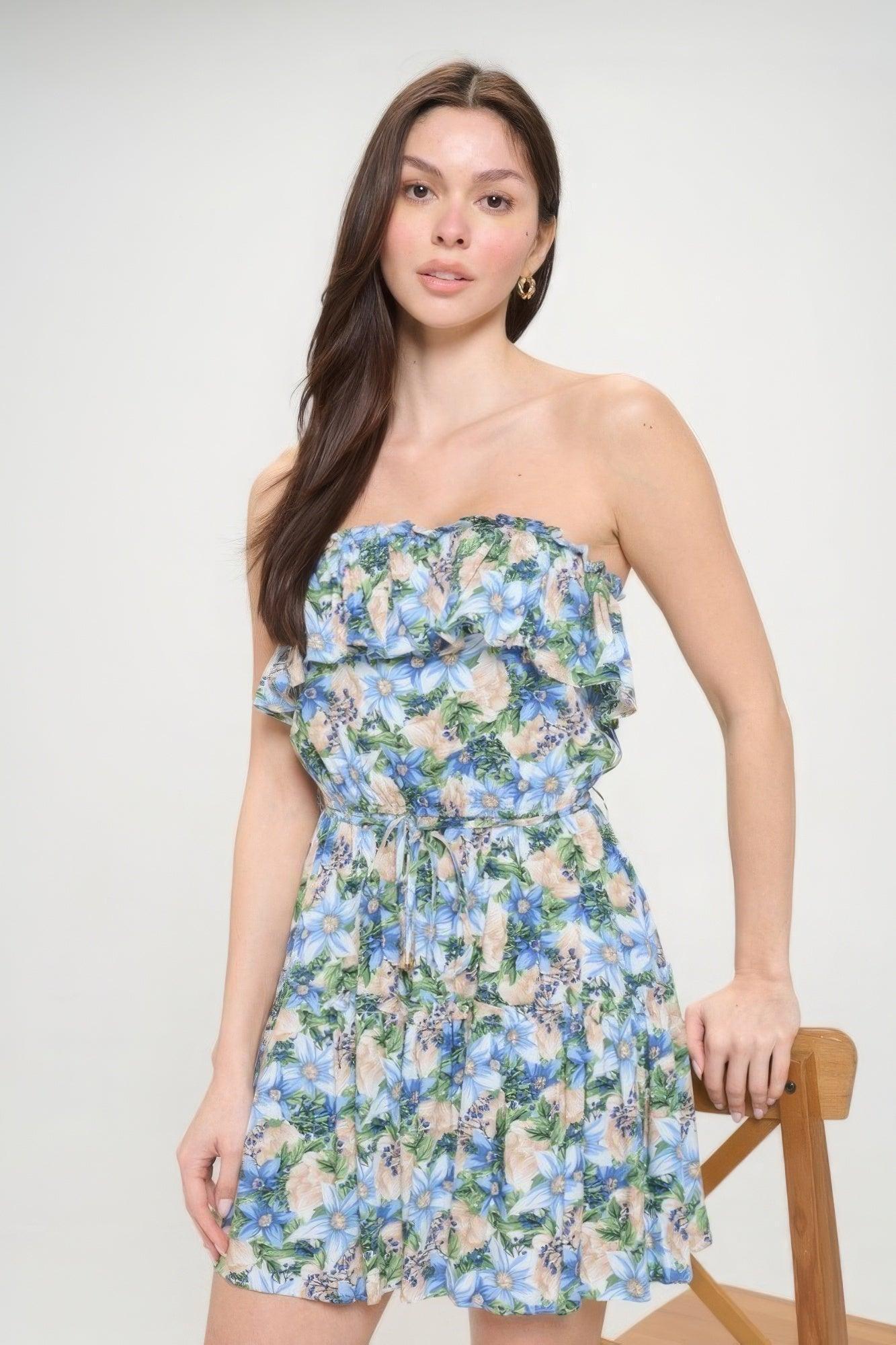 Berry Flower Ruffle Tube Top Mini Dress | Mixtshop LLC Main image