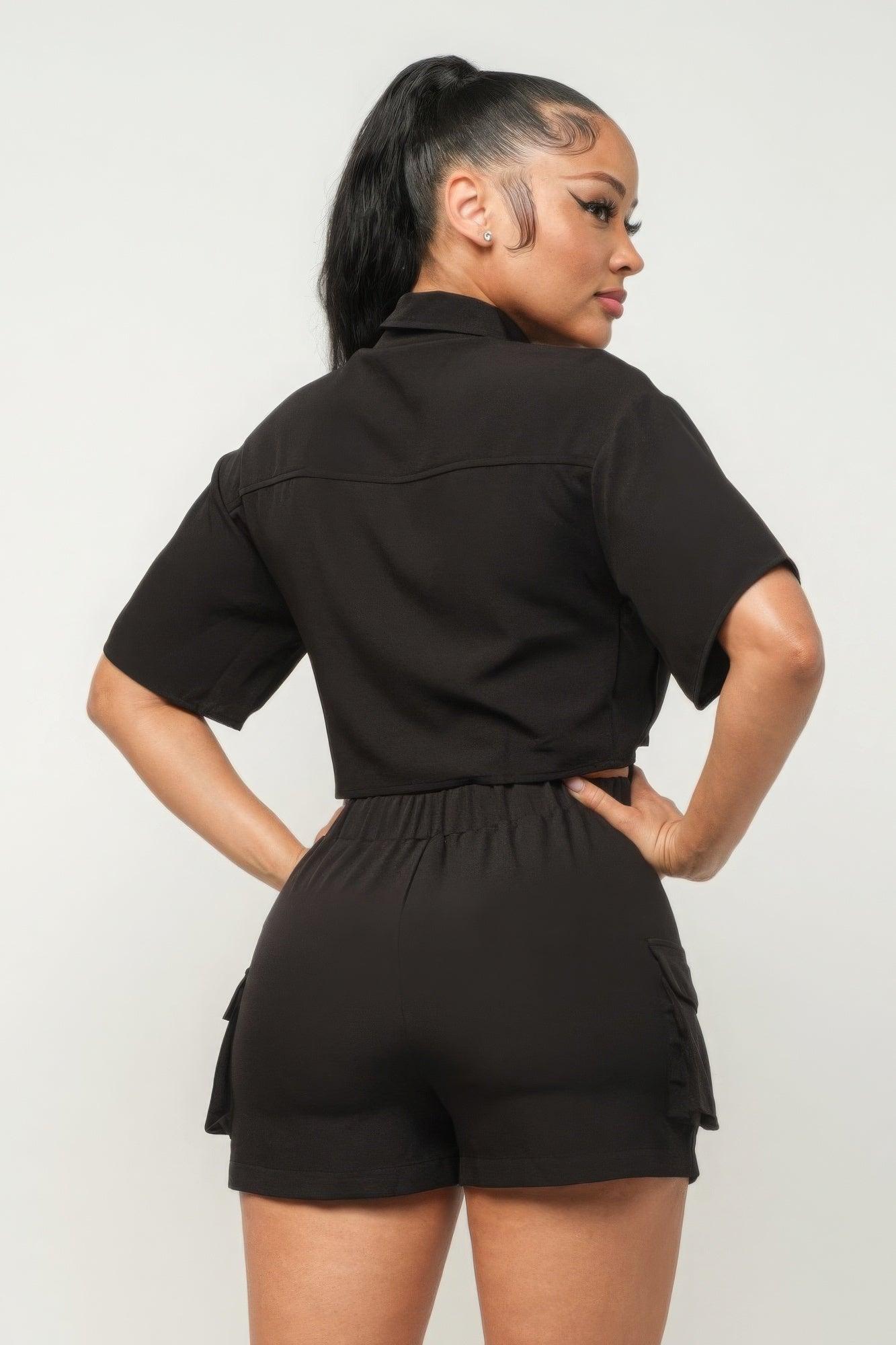 Front Button Down Side Pockets Top And Shorts Set | Mixtshop LLC