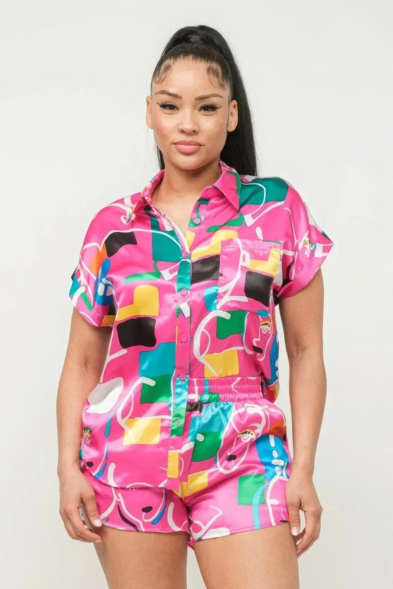 Satin Dolman Print Button Down Top And Shorts Set | Mixtshop LLC Main image