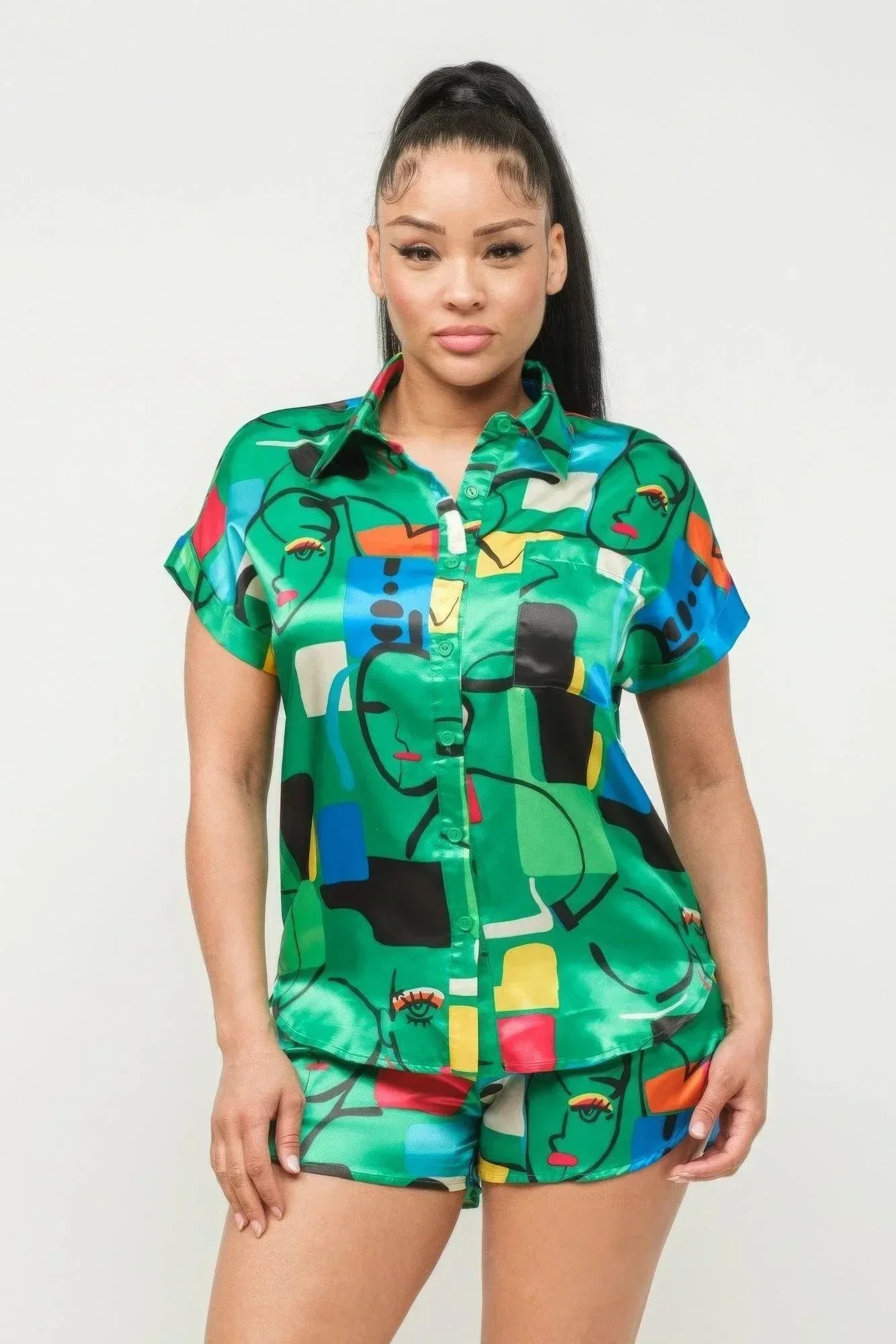 Satin Dolman Print Button Down Top And Shorts Set | Mixtshop LLC Main image