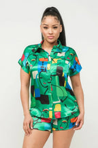 Satin Dolman Print Button Down Top And Shorts Set | Mixtshop LLC