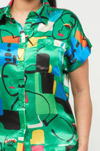 Satin Dolman Print Button Down Top And Shorts Set | Mixtshop LLC