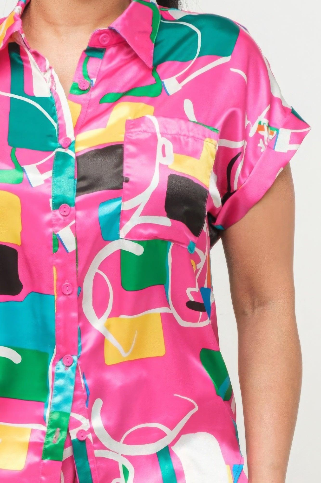 Satin Dolman Print Button Down Top And Shorts Set | Mixtshop LLC