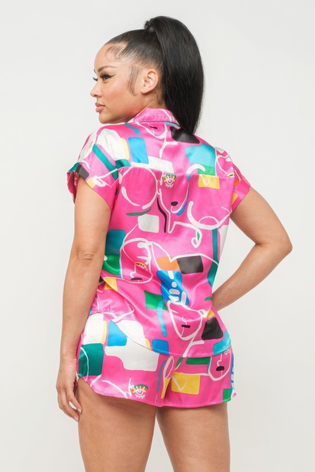 Satin Dolman Print Button Down Top And Shorts Set | Mixtshop LLC