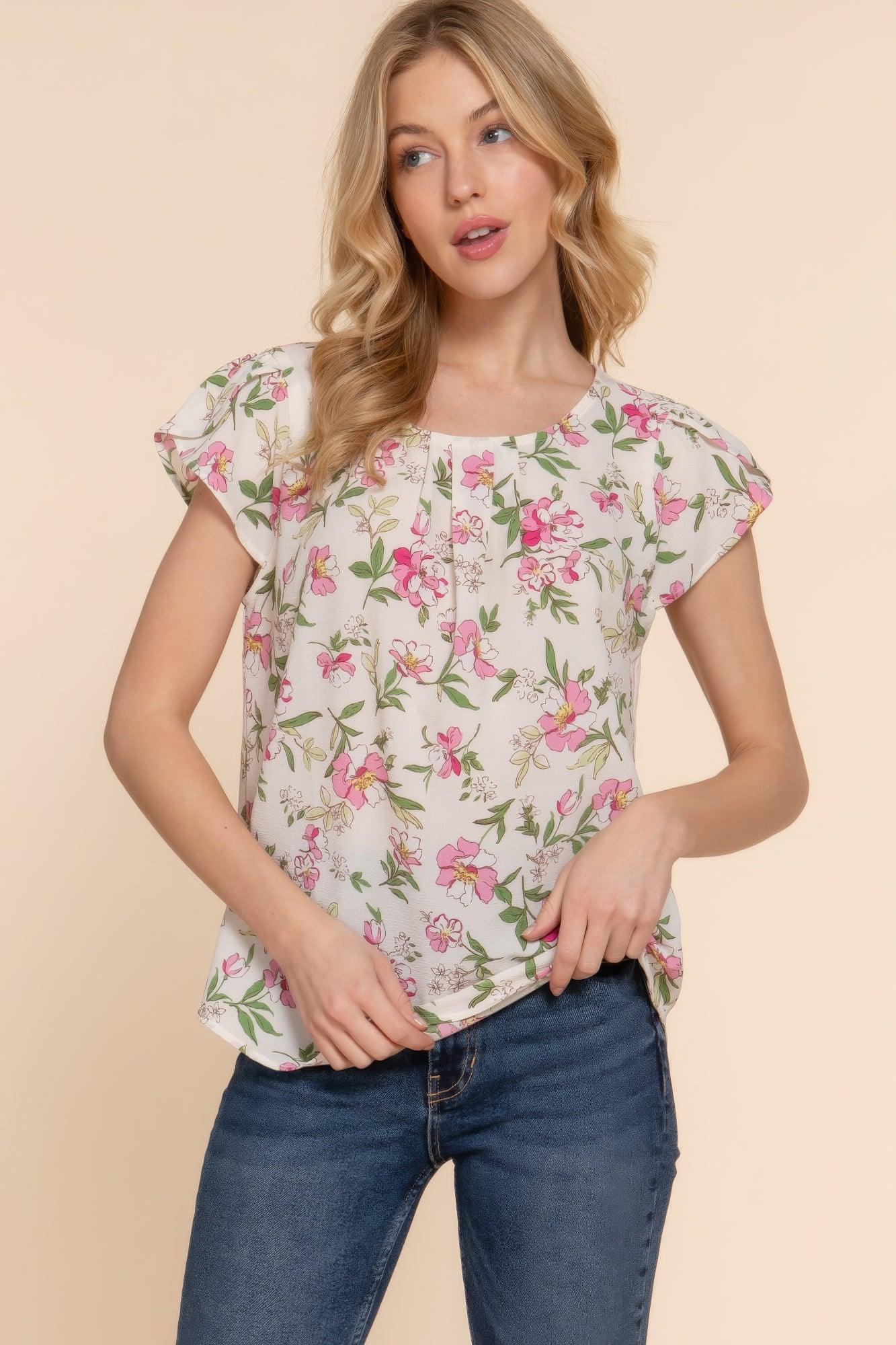 Short Tulip Slv Floral Print Woven Top | Mixtshop LLC