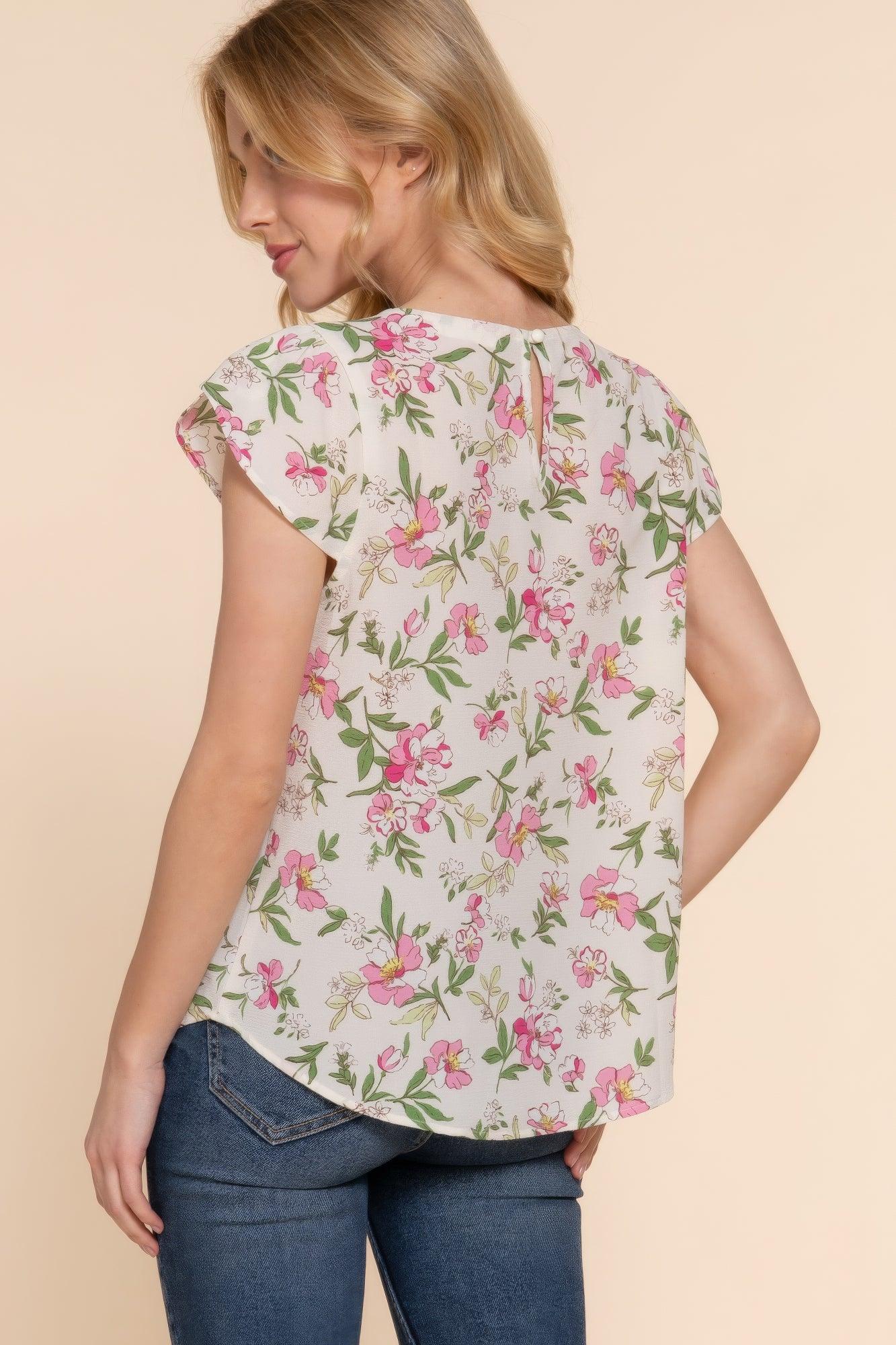 Short Tulip Slv Floral Print Woven Top | Mixtshop LLC