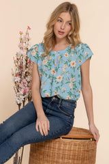 Short Tulip Slv Floral Print Woven Top | Mixtshop LLC