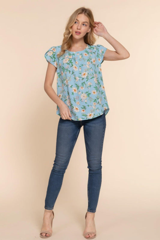 Short Tulip Slv Floral Print Woven Top | Mixtshop LLC
