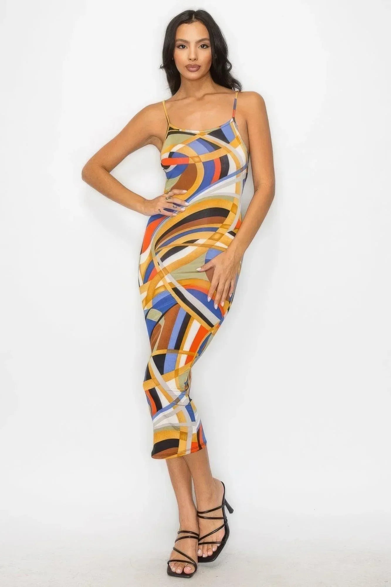 Crossed Back Marble Print Multicolor Midi Dress | Mixtshop LLC Main image