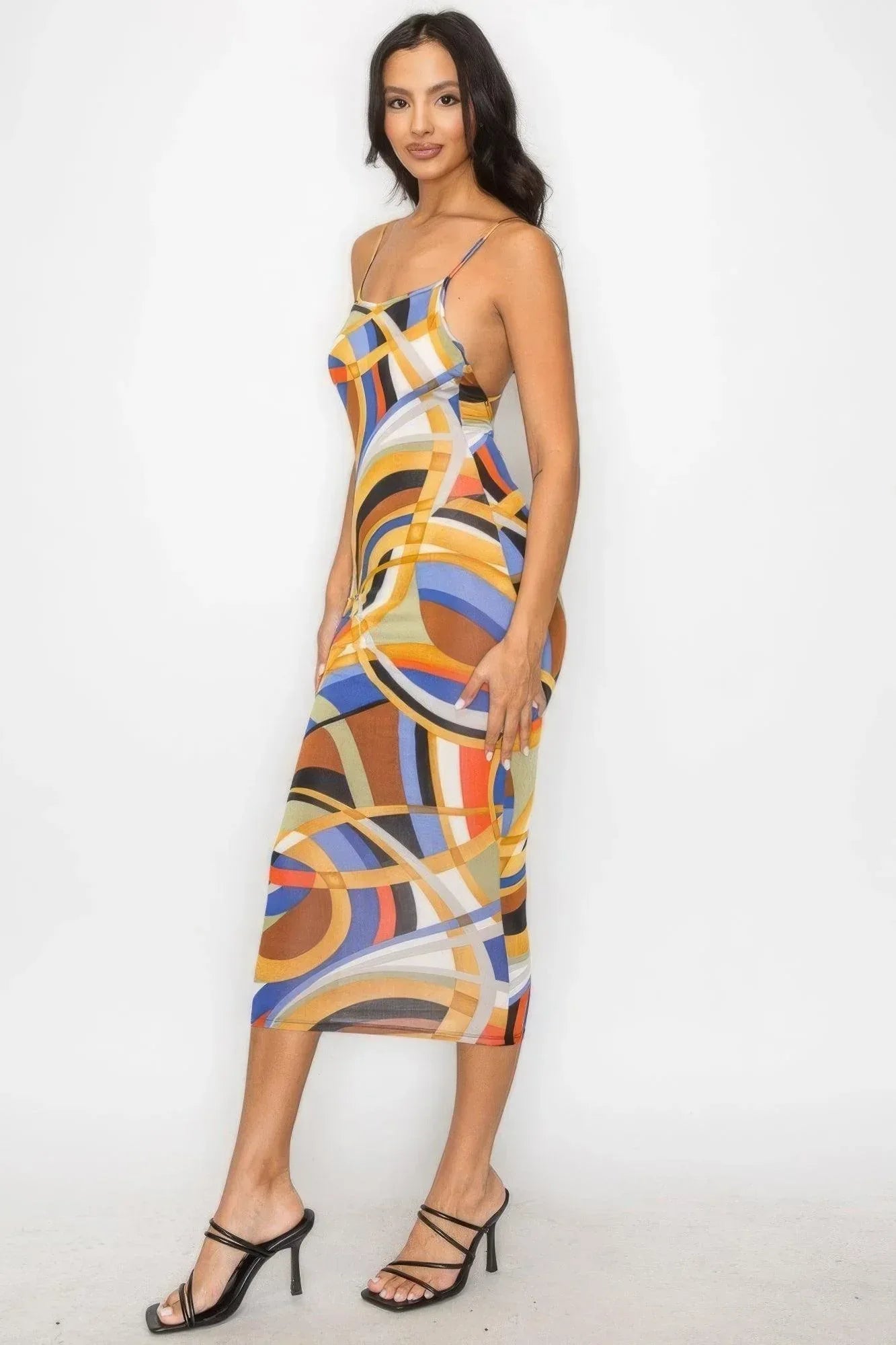 Crossed Back Marble Print Multicolor Midi Dress Secondary image