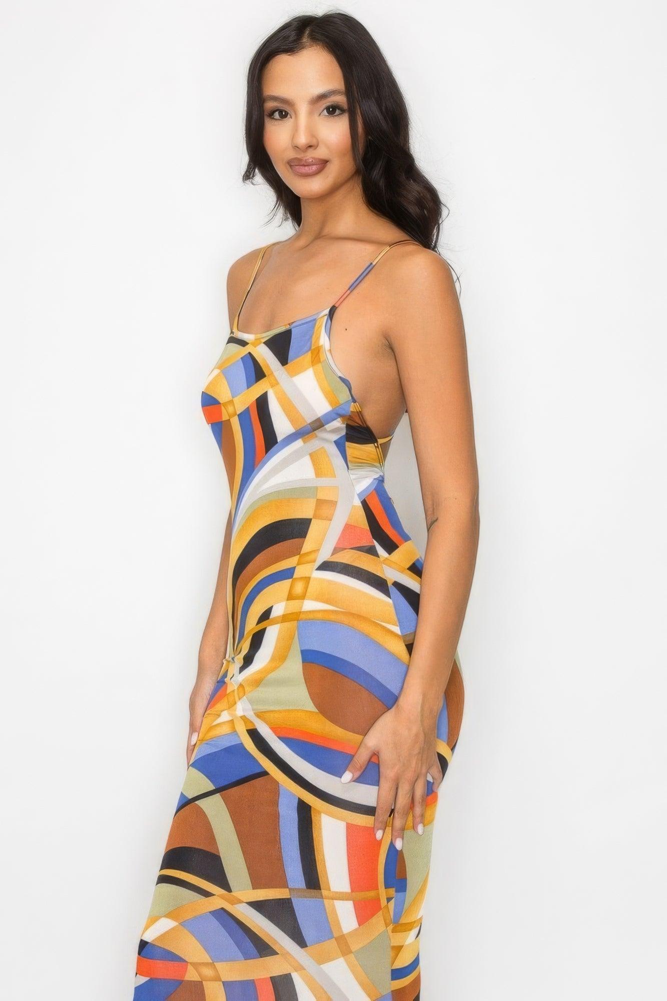 Crossed Back Marble Print Multicolor Midi Dress | Mixtshop LLC