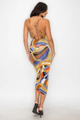 Crossed Back Marble Print Multicolor Midi Dress | Mixtshop LLC