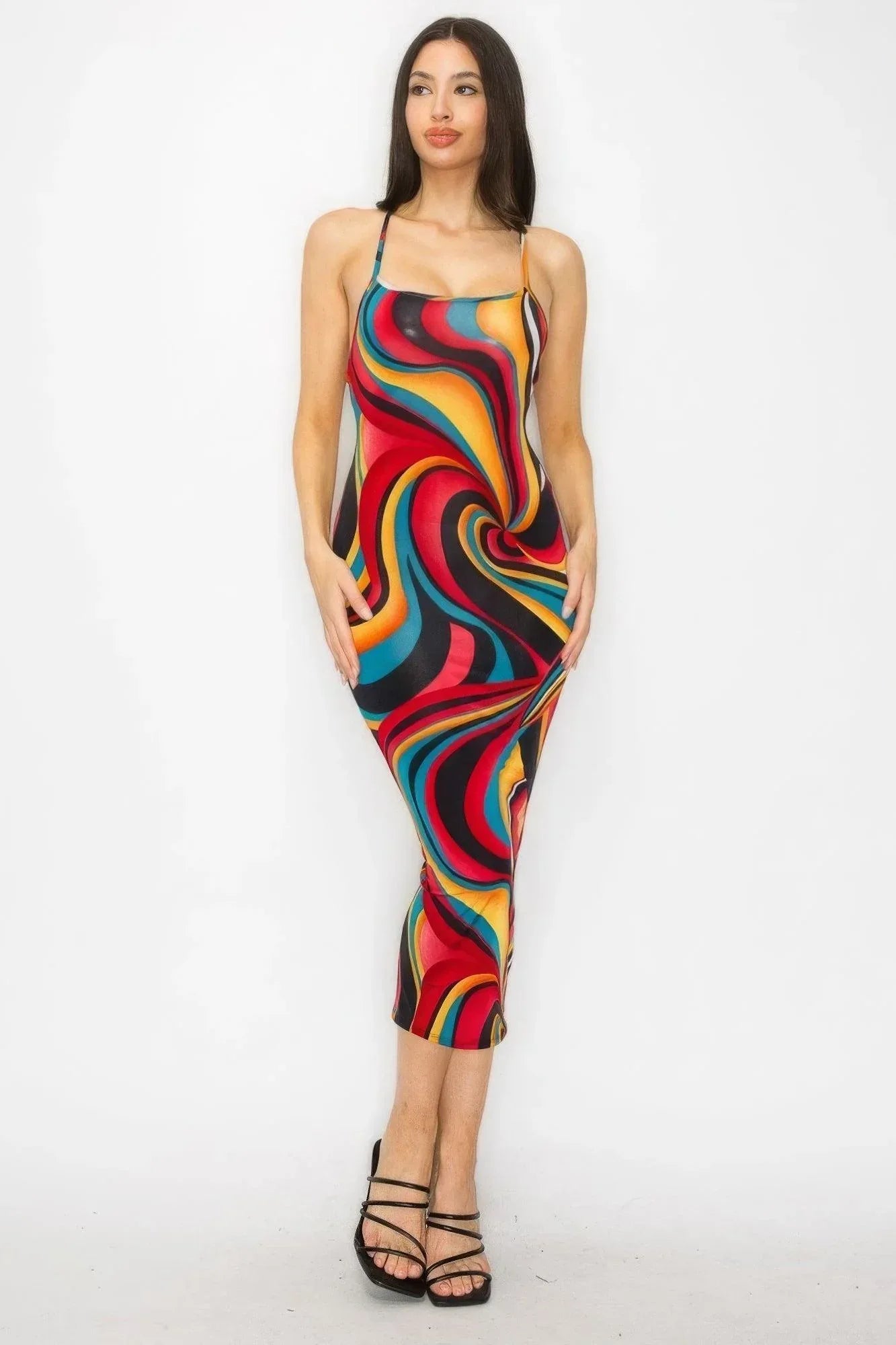 Crossed Back Marble Print Multicolor Midi Dress | Mixtshop LLC Main image