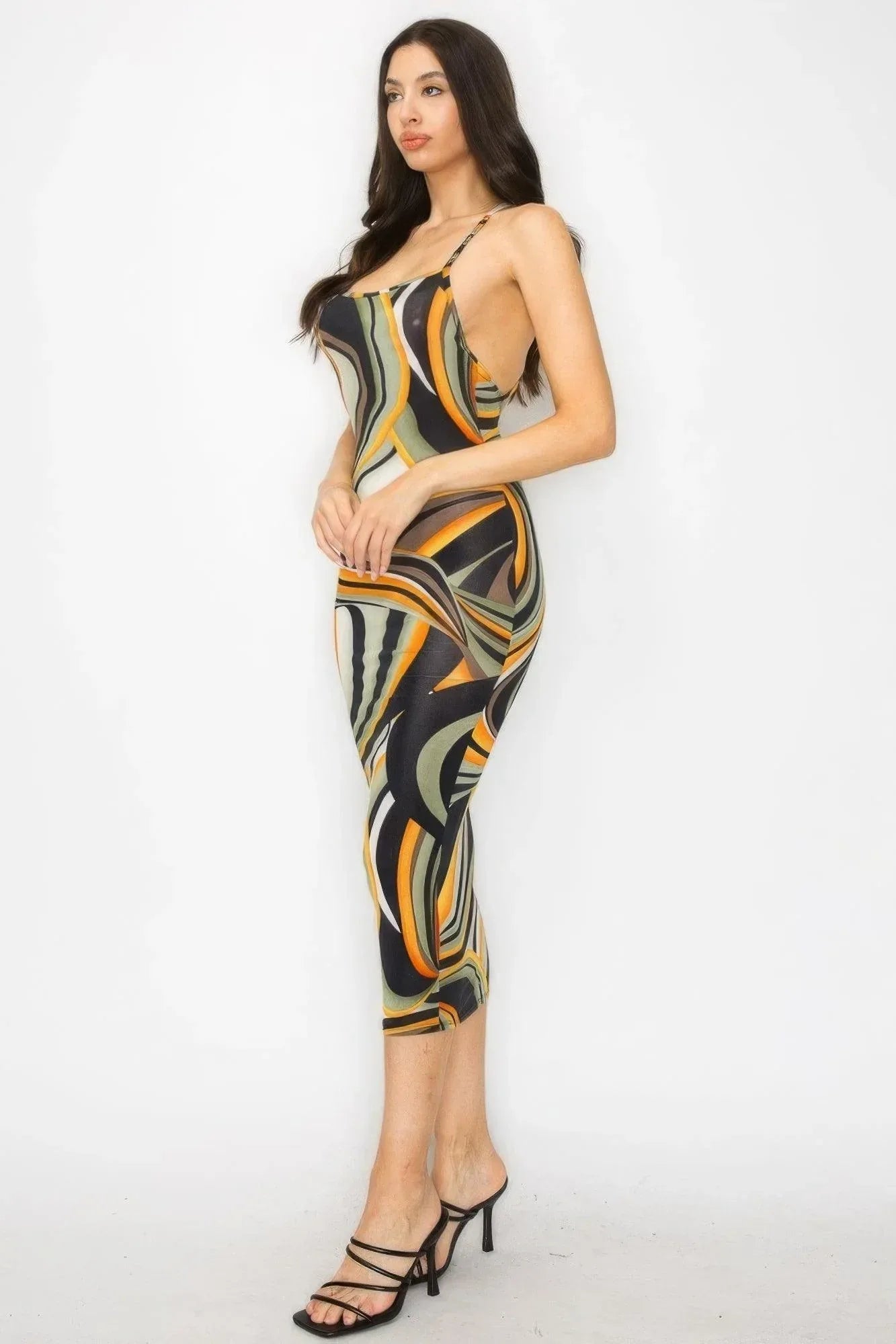 Crossed Back Marble Print Multicolor Midi Dress | Mixtshop LLC