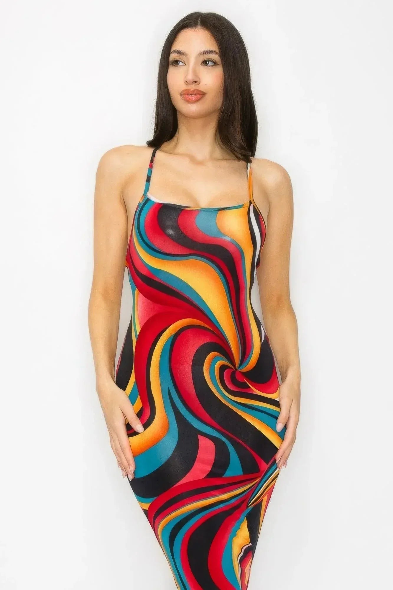 Crossed Back Marble Print Multicolor Midi Dress Secondary image