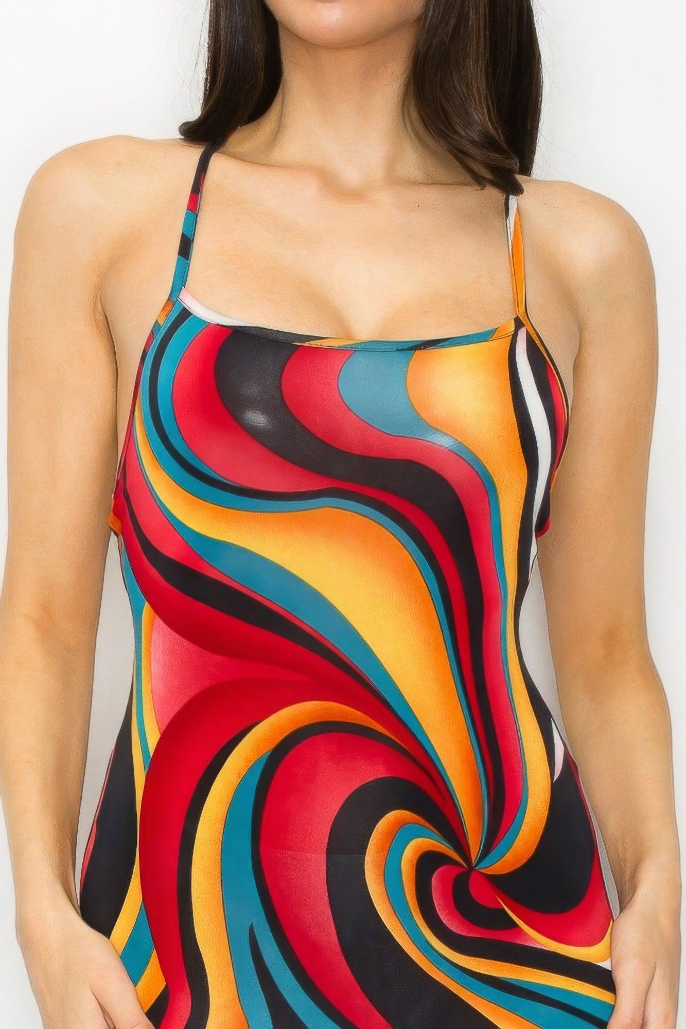 Crossed Back Marble Print Multicolor Midi Dress | Mixtshop LLC