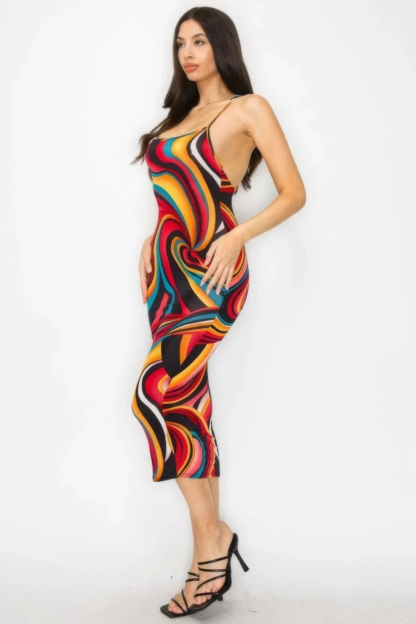 Crossed Back Marble Print Multicolor Midi Dress | Mixtshop LLC
