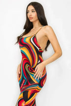 Crossed Back Marble Print Multicolor Midi Dress | Mixtshop LLC