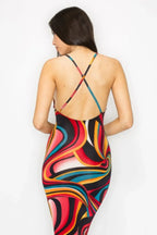Crossed Back Marble Print Multicolor Midi Dress | Mixtshop LLC