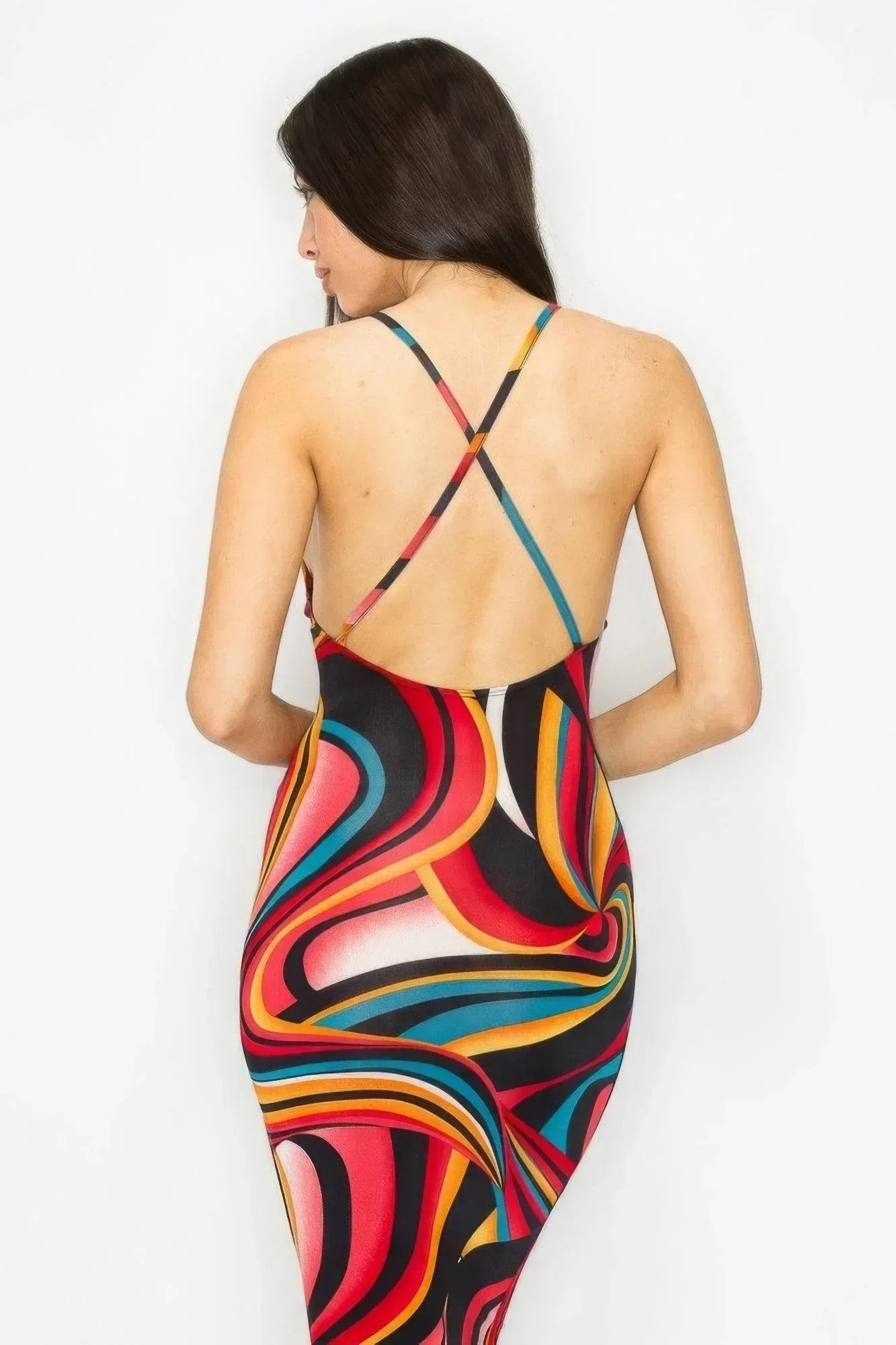 Crossed Back Marble Print Multicolor Midi Dress | Mixtshop LLC