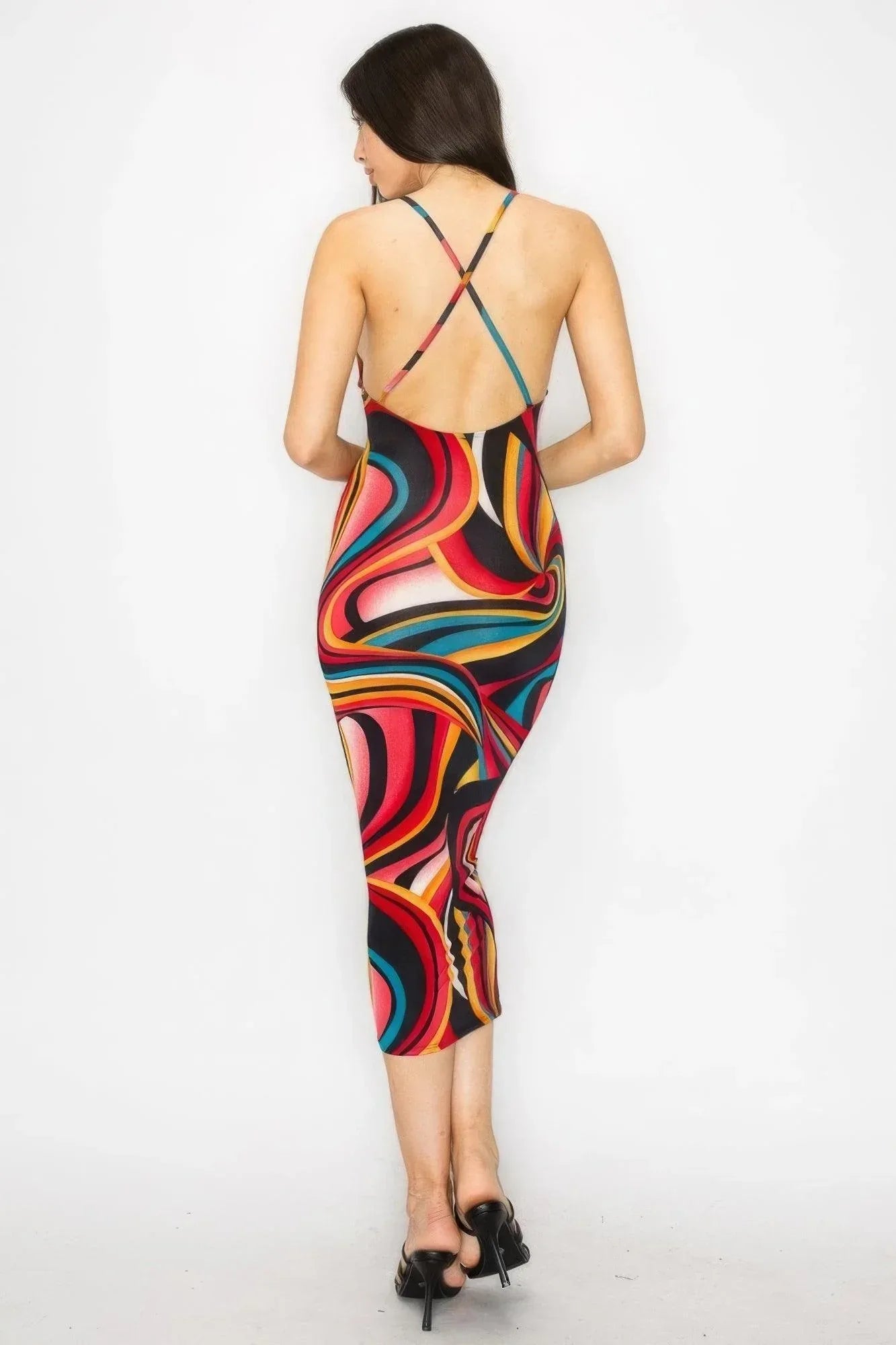 Crossed Back Marble Print Multicolor Midi Dress | Mixtshop LLC
