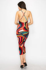 Crossed Back Marble Print Multicolor Midi Dress | Mixtshop LLC