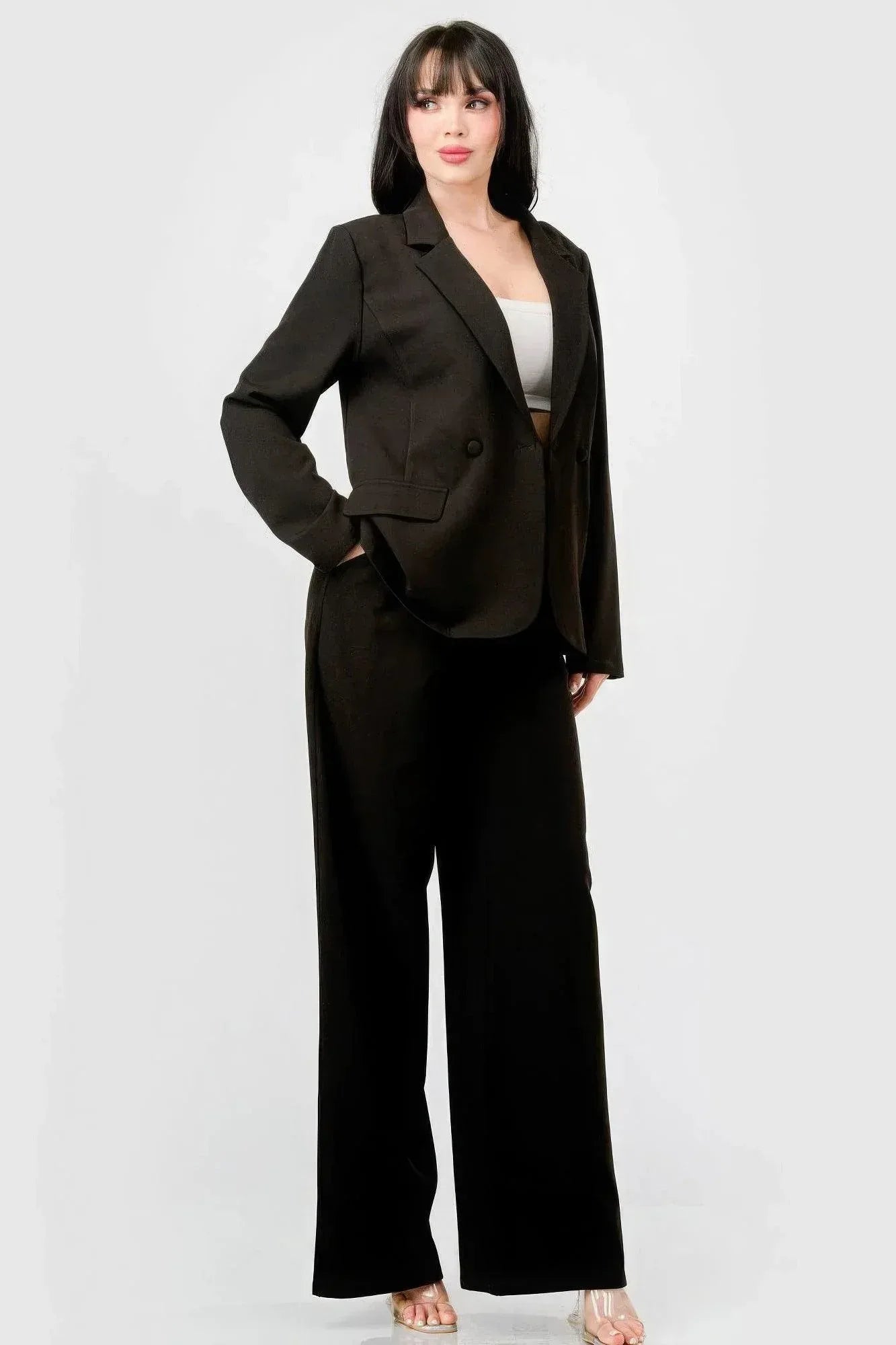 Luxe Stretch Woven Loose Fit Blazer And Wide Legs Pants Semi Formal Set | Mixtshop LLC